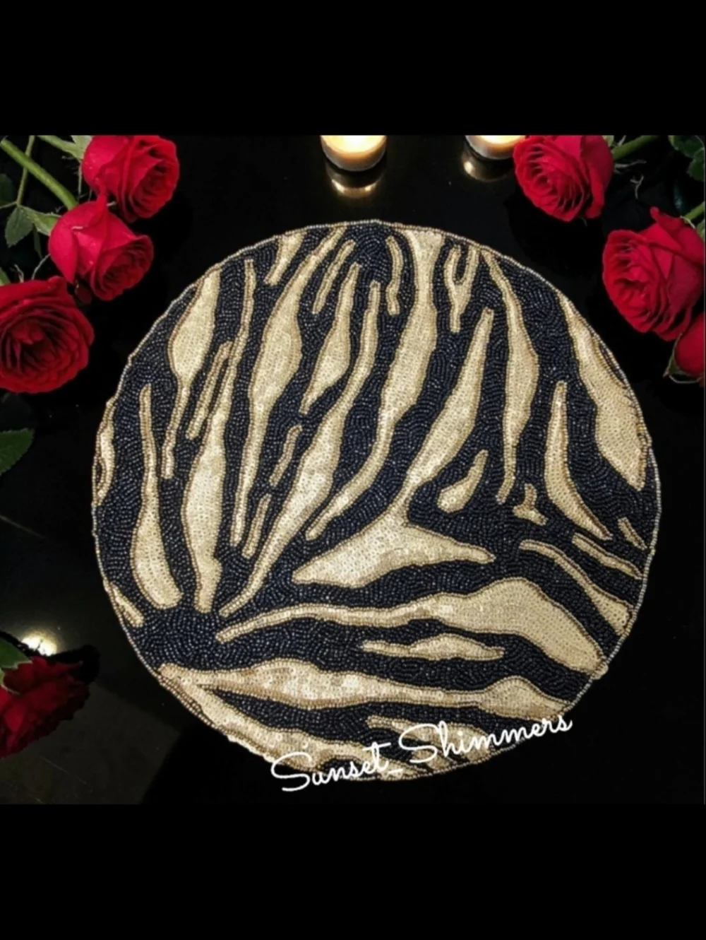 Jewel Mumbai Animal Print Beaded Placemat Centerpiece Black Gold Tiger Stripe